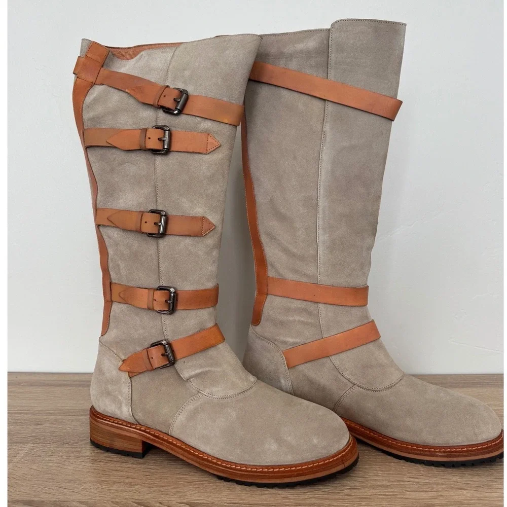 NEW Free People Tristie Buckle Boot Sand Leather Suede Tall Boho Equestrian 11